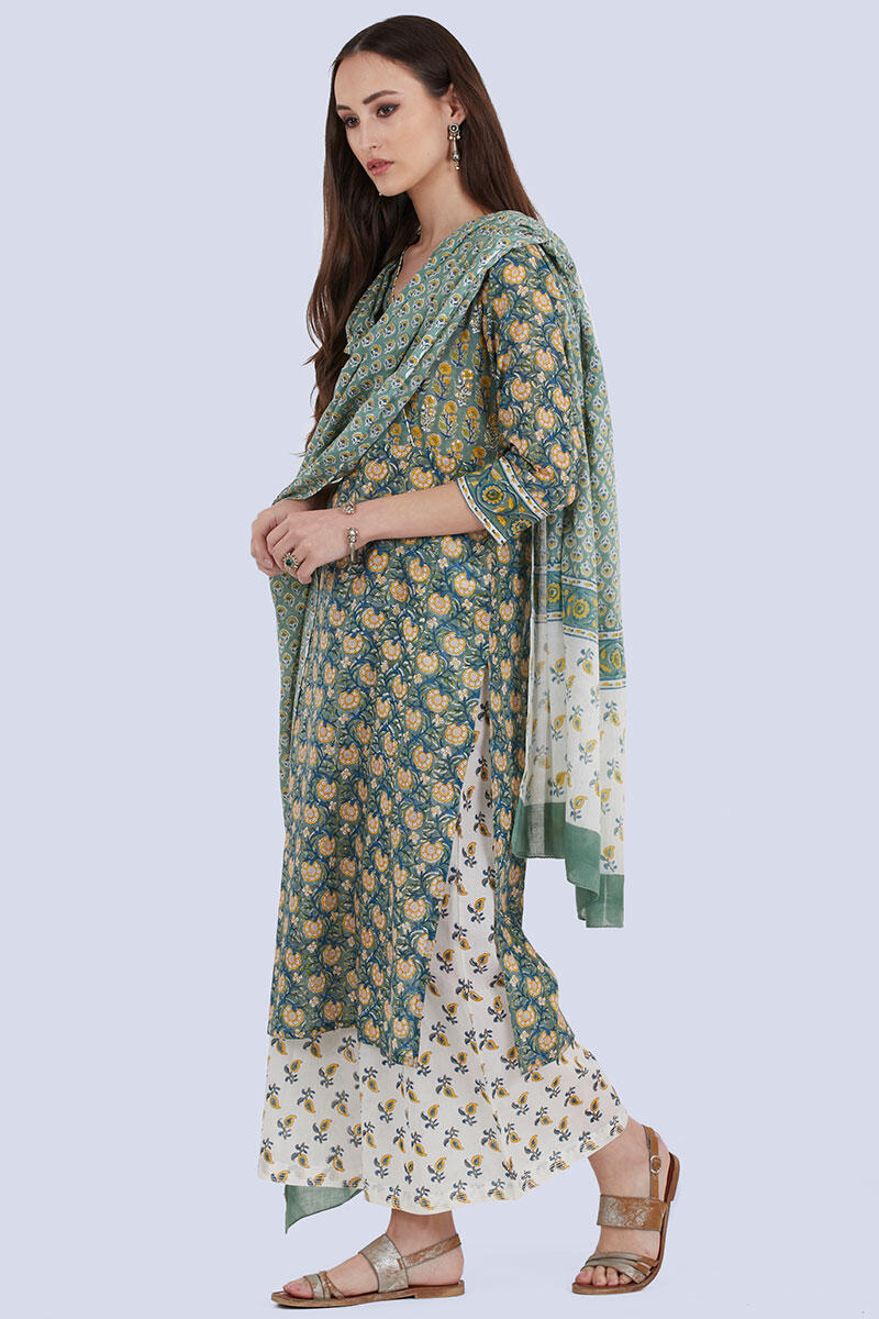 Green Block Printed Cotton Dupatta