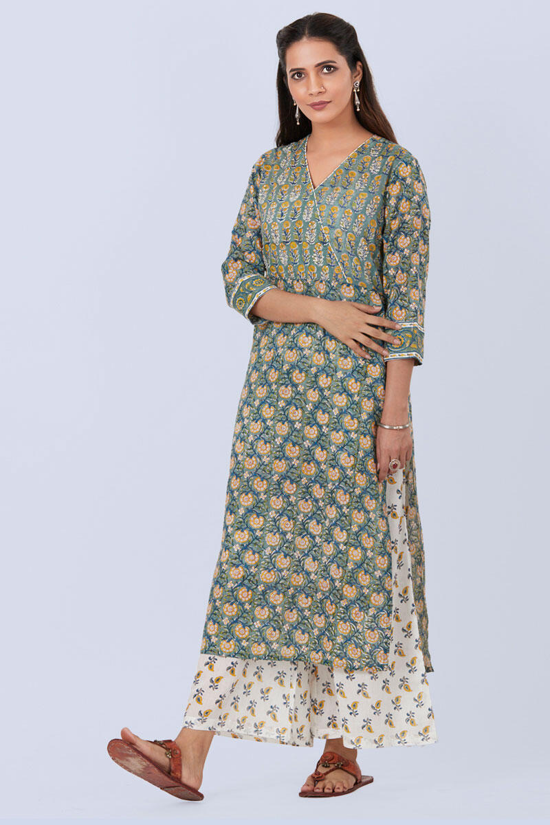 Green Block Printed Cotton Palazzo