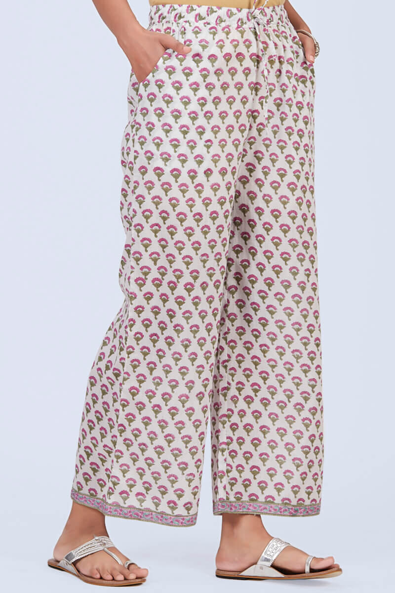 Pink Block Printed Cotton Farsi Pants