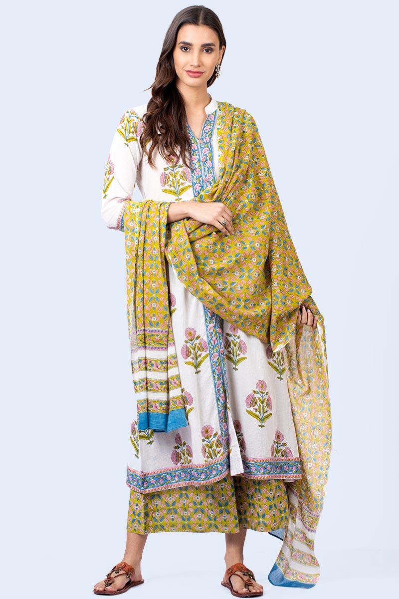 Green Block Printed Cotton Dupatta