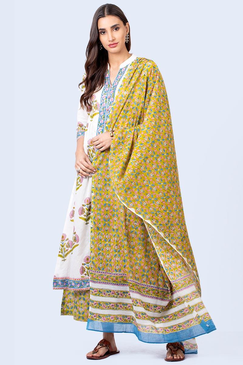 Green Block Printed Cotton Dupatta