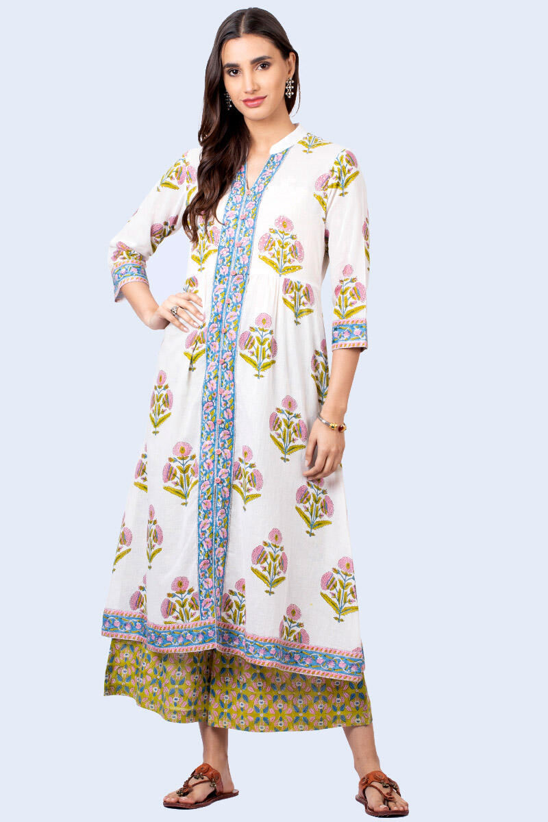 White Block Printed A-line Cotton Kurta