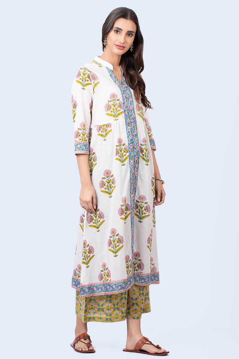 White Block Printed A-line Cotton Kurta