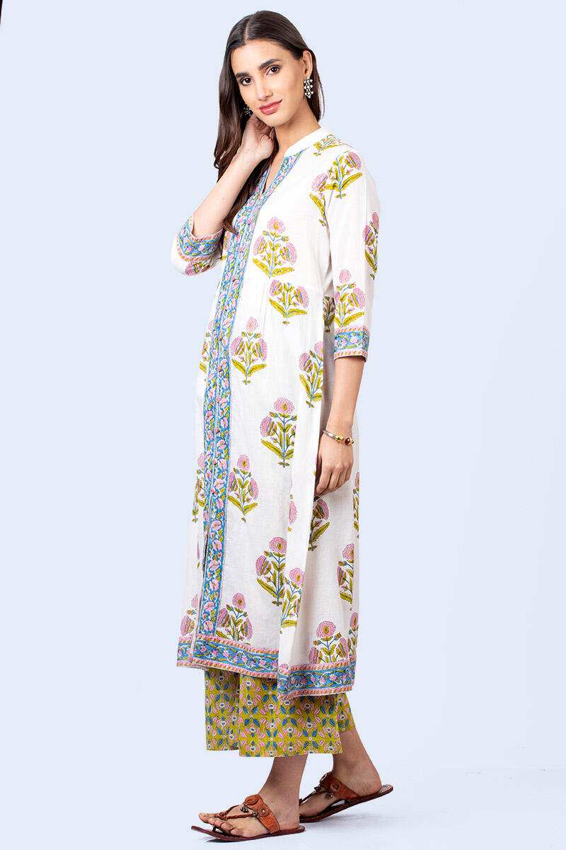 White Block Printed A-line Cotton Kurta