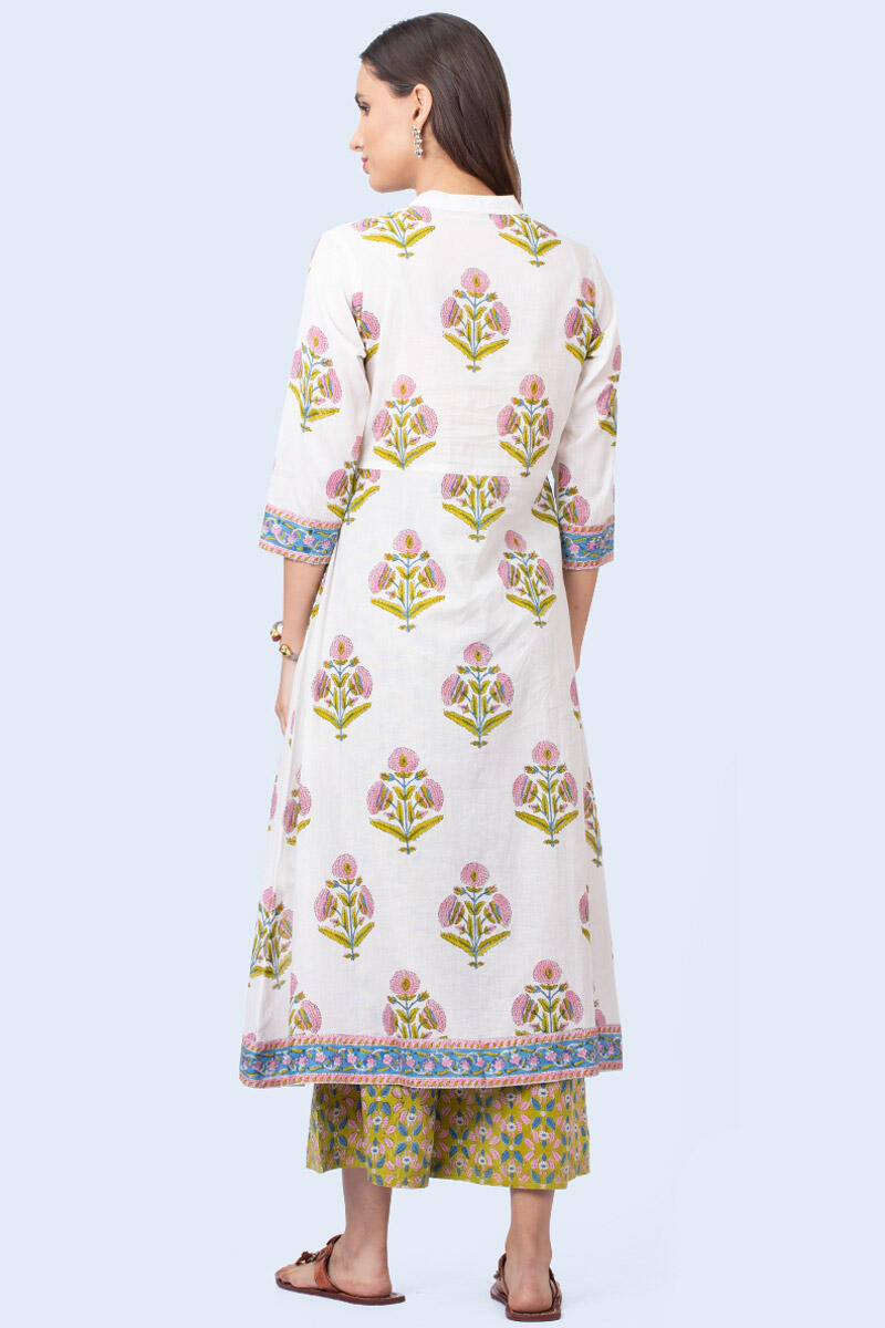 White Block Printed A-line Cotton Kurta