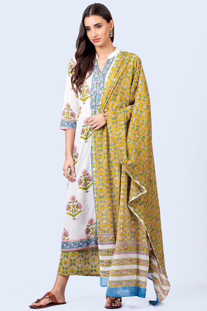 White Block Printed A-line Cotton Kurta