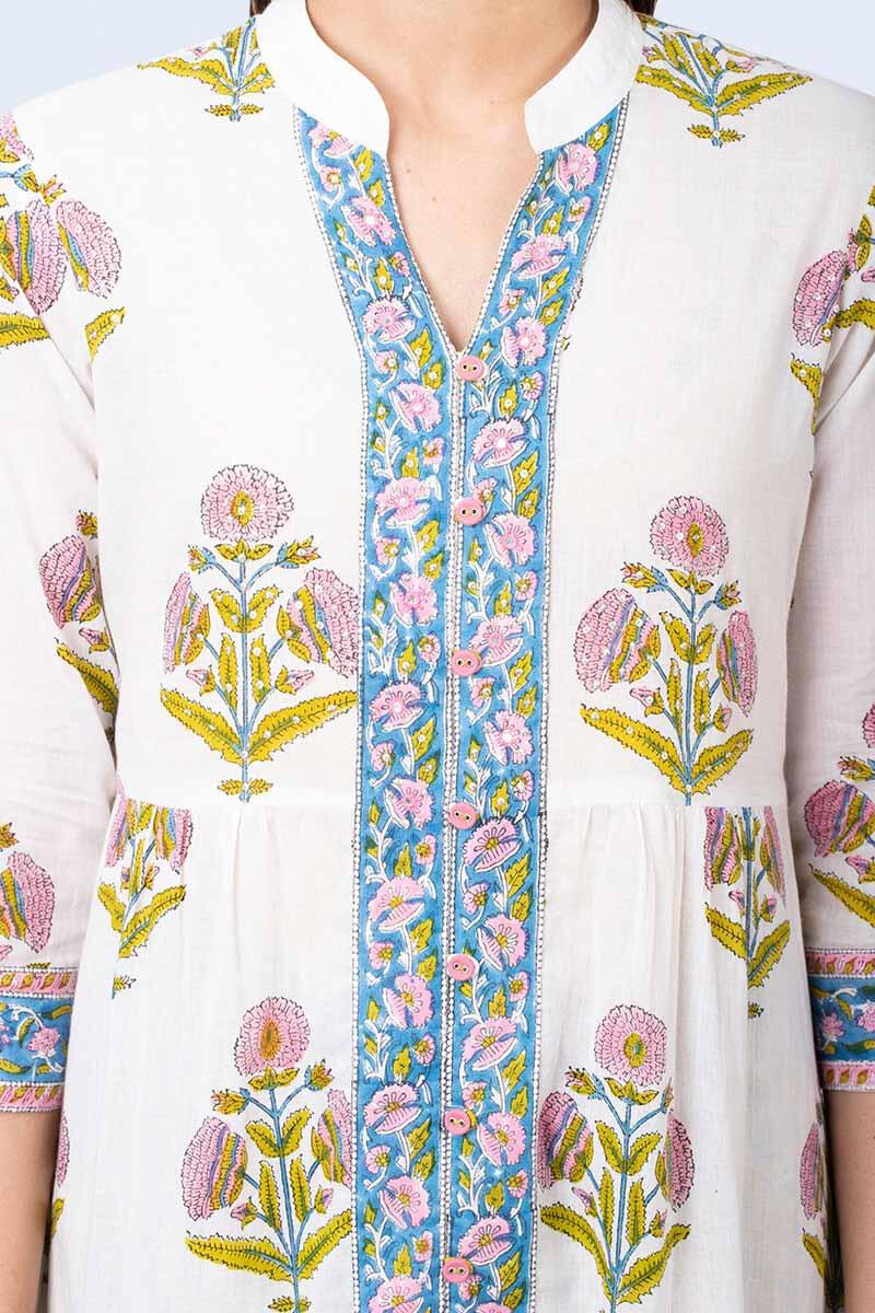 White Block Printed A-line Cotton Kurta