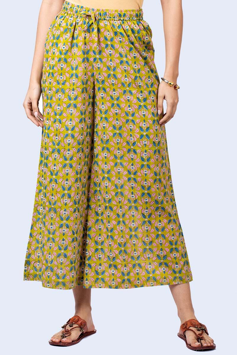 Green Block Printed Cotton Palazzo