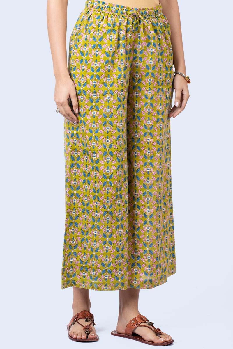 Green Block Printed Cotton Palazzo