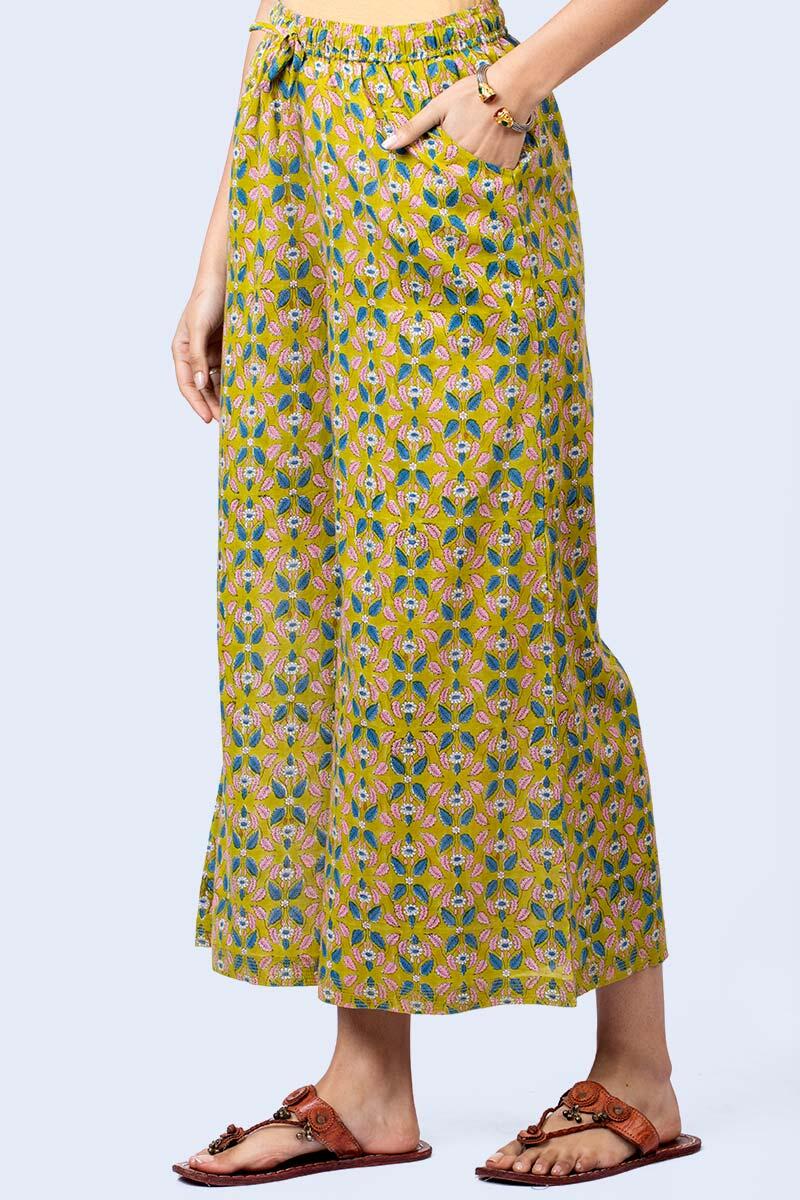 Green Block Printed Cotton Palazzo