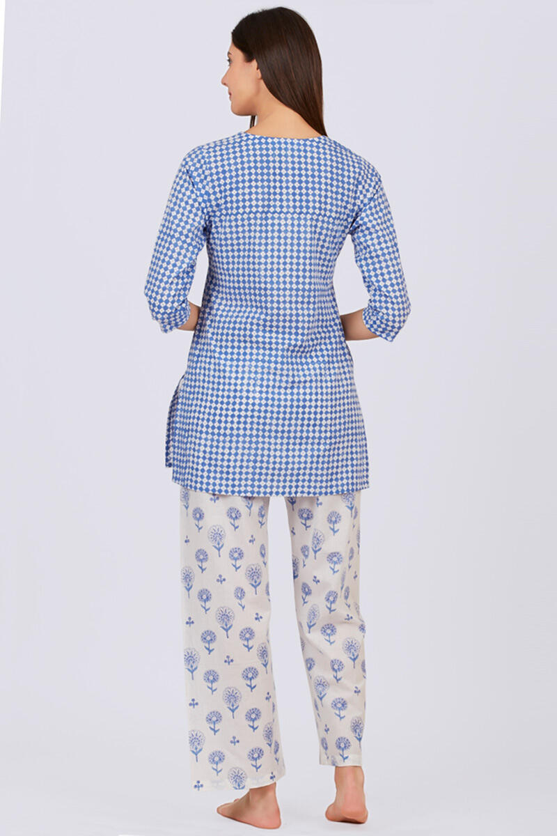 Blue Block Printed Cotton Nightsuit