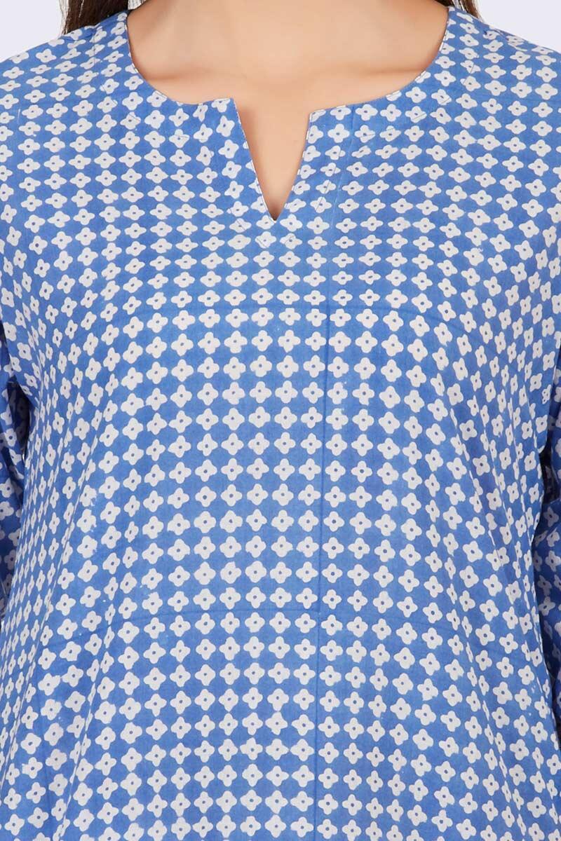 Blue Block Printed Cotton Nightsuit