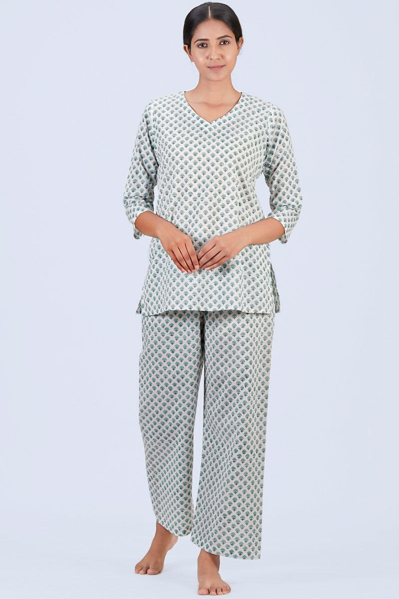 Green Block Printed Cotton Nightsuit