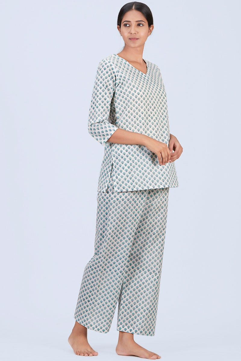 Green Block Printed Cotton Nightsuit