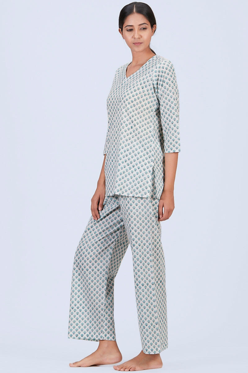 Green Block Printed Cotton Nightsuit