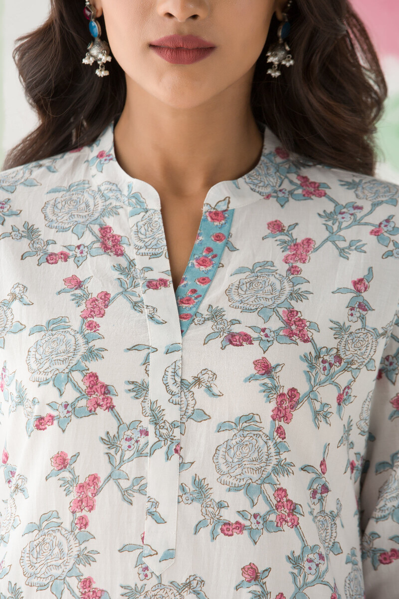 White Block Printed Straight Cotton Kurta