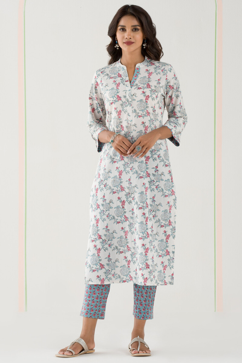 White Block Printed Straight Cotton Kurta