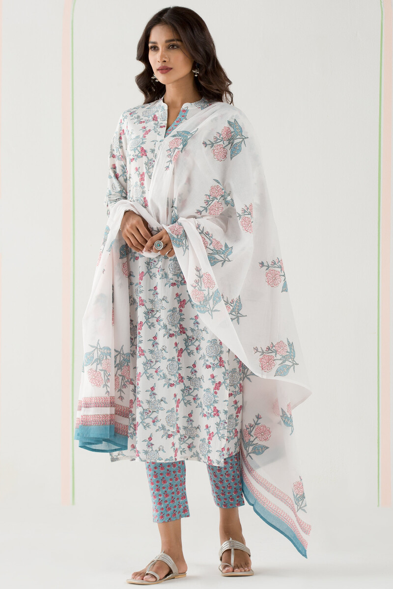 White Block Printed Straight Cotton Kurta