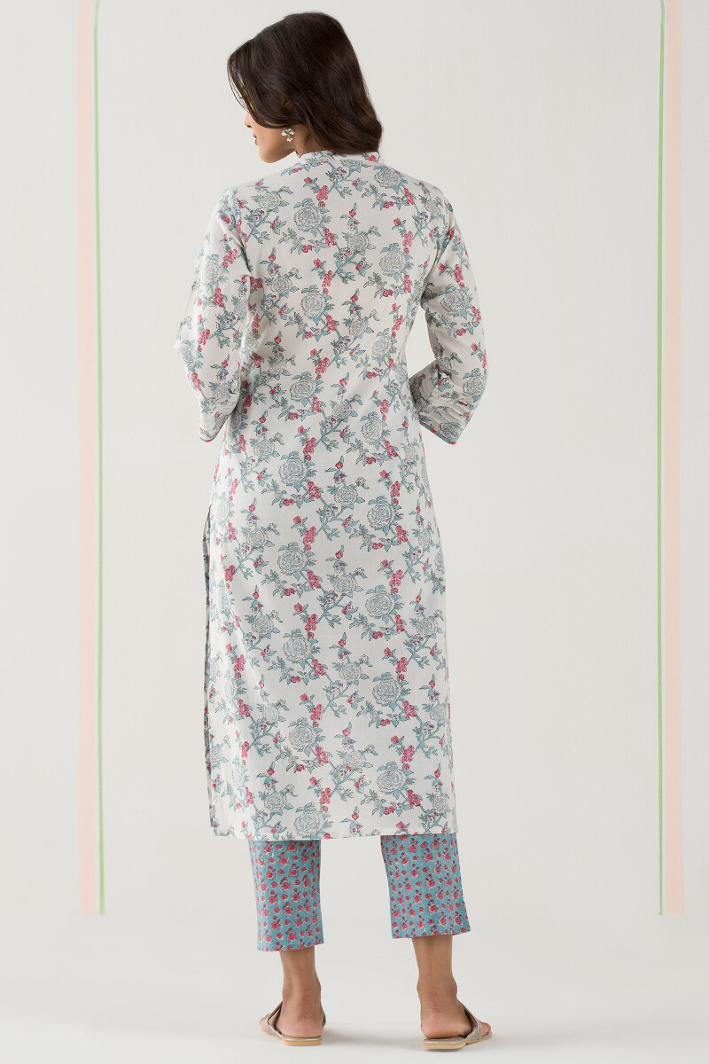 White Block Printed Straight Cotton Kurta