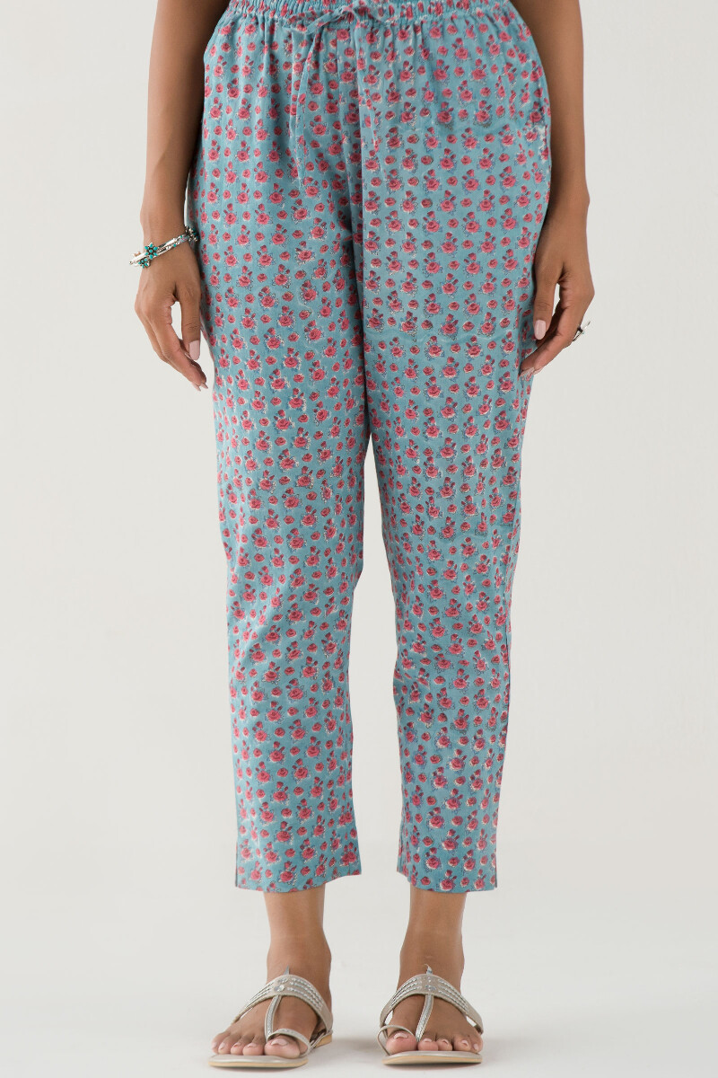 Turquoise Block Printed Cotton Narrow Pants