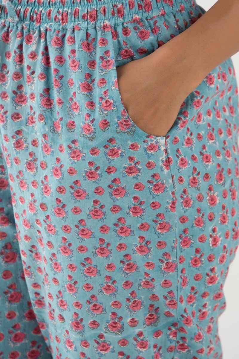 Turquoise Block Printed Cotton Narrow Pants