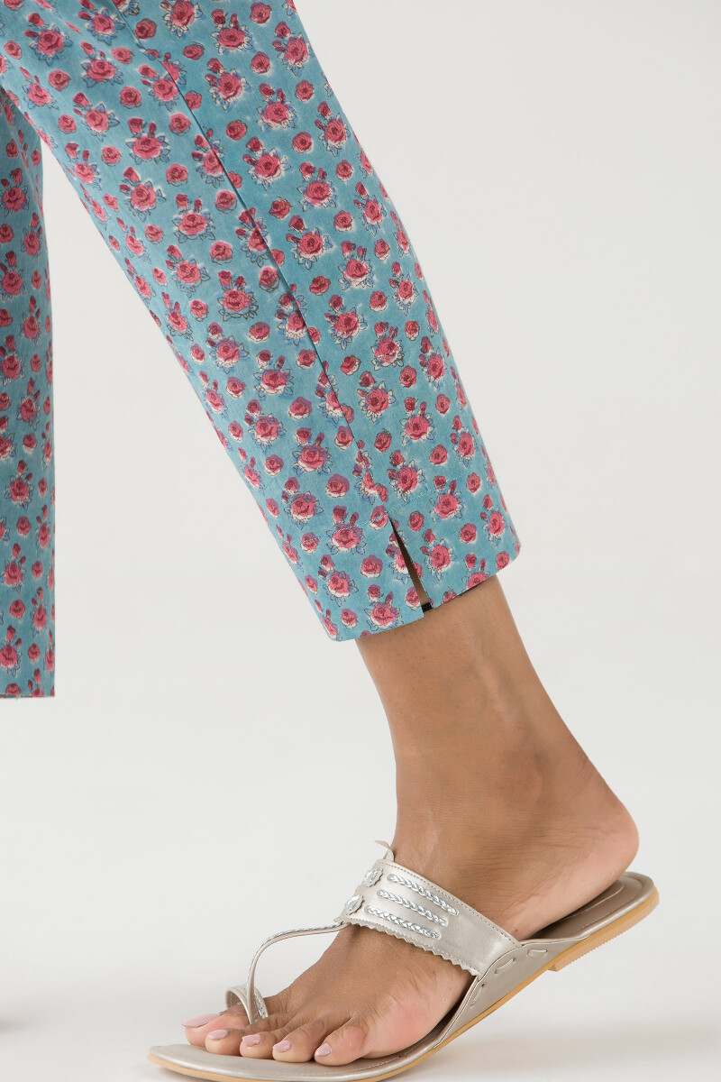 Turquoise Block Printed Cotton Narrow Pants