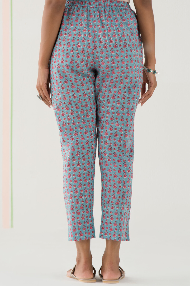 Turquoise Block Printed Cotton Narrow Pants