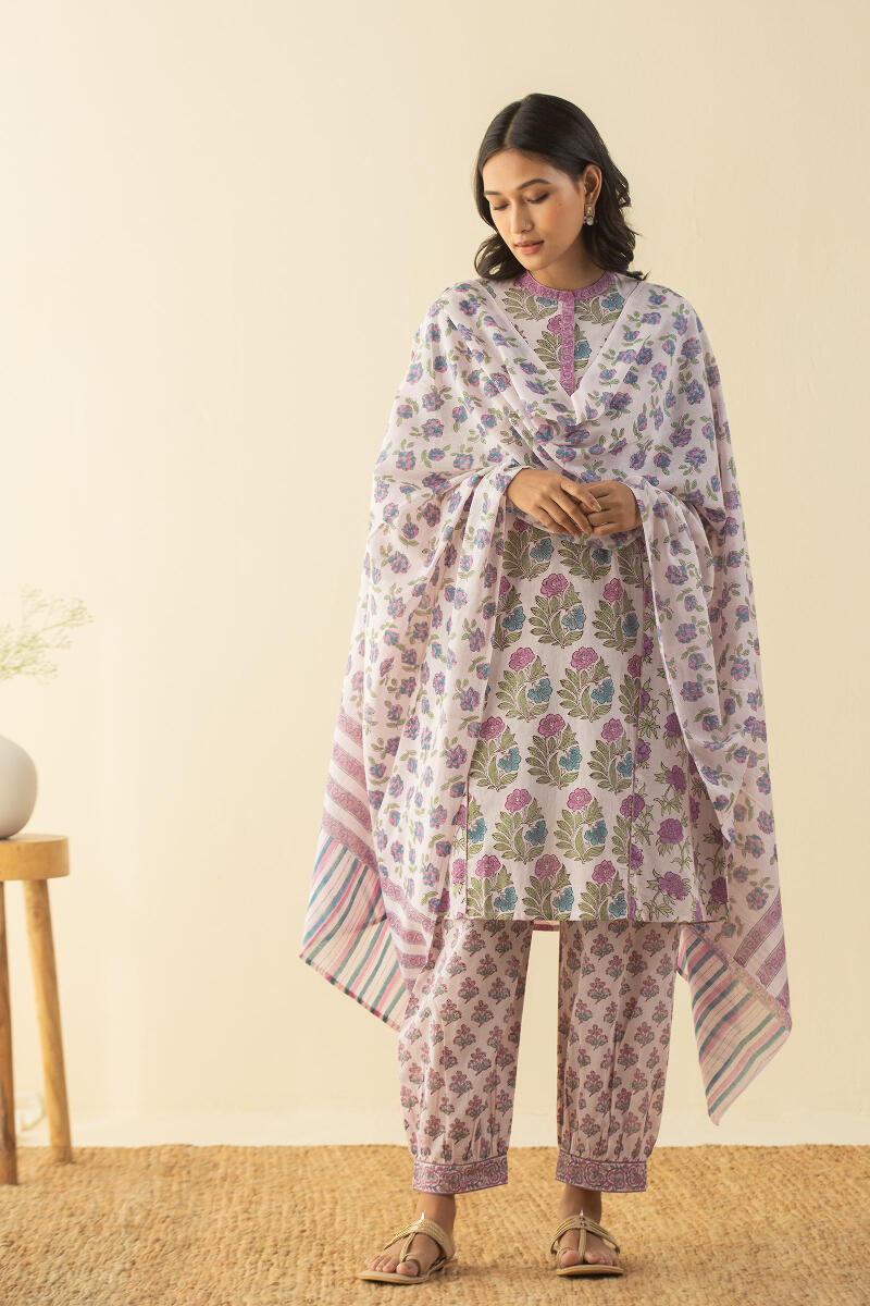 Purple Block Printed Cotton Dupatta