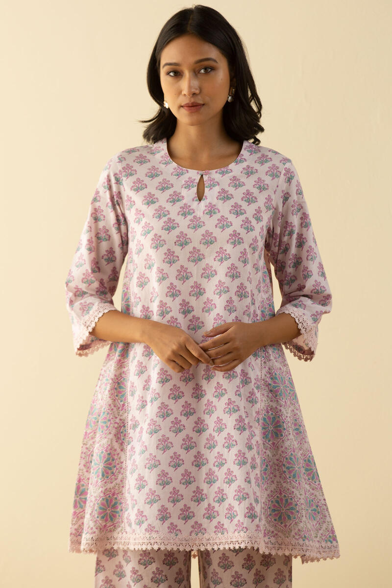 Purple Block Printed A-Line Short Kurta
