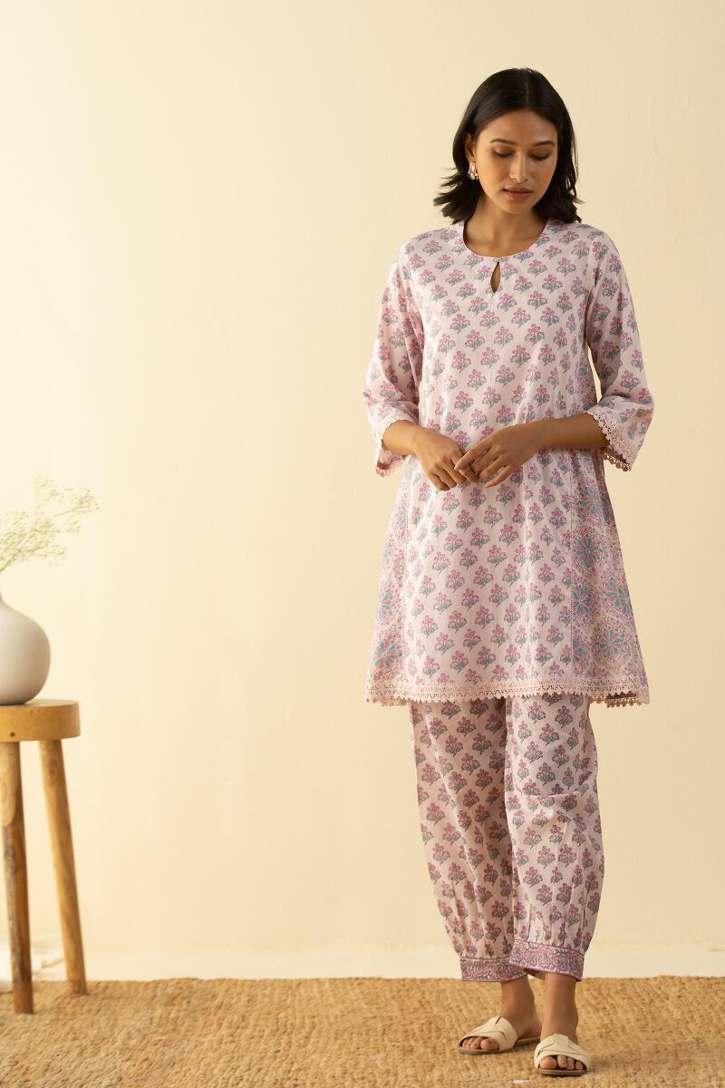 Purple Block Printed A-Line Short Kurta