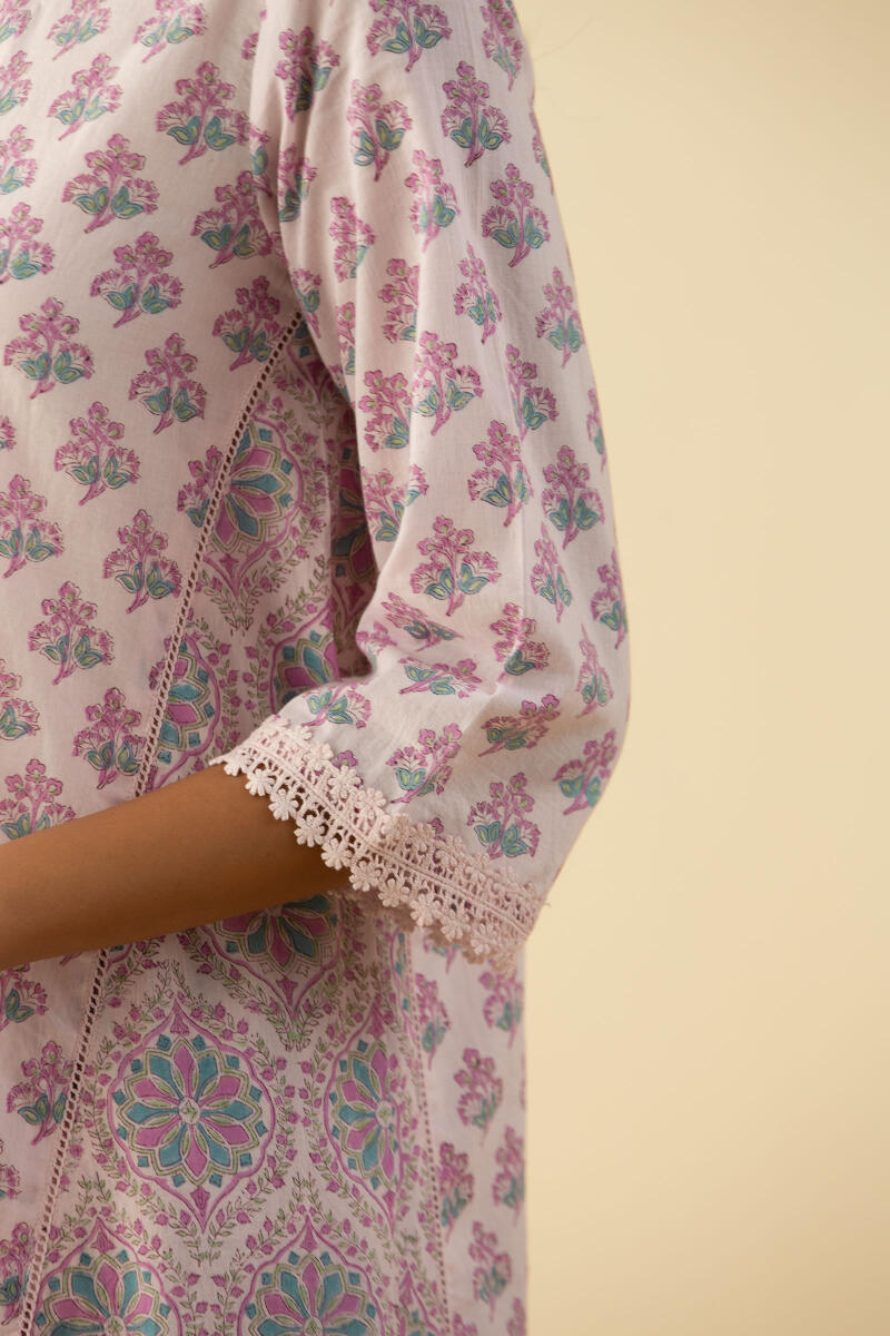 Purple Block Printed A-Line Short Kurta