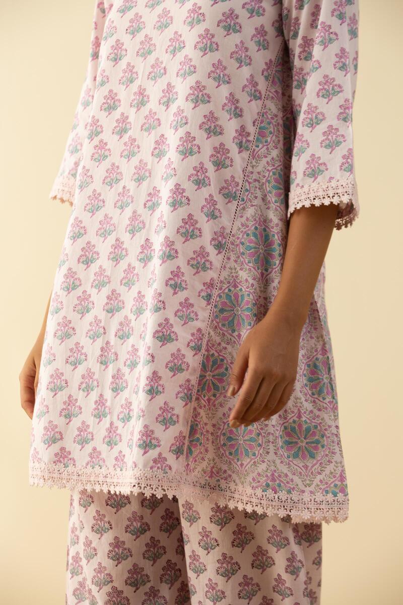 Purple Block Printed A-Line Short Kurta