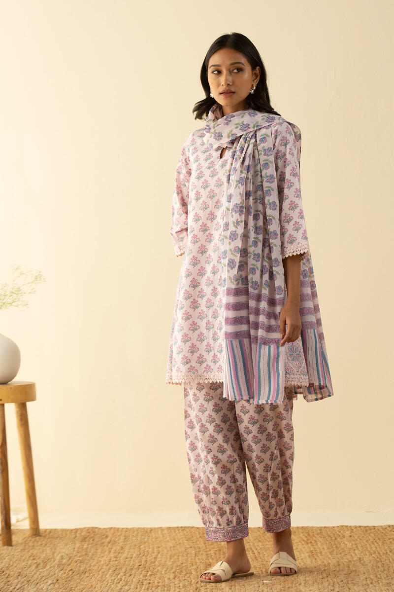 Purple Block Printed A-Line Short Kurta