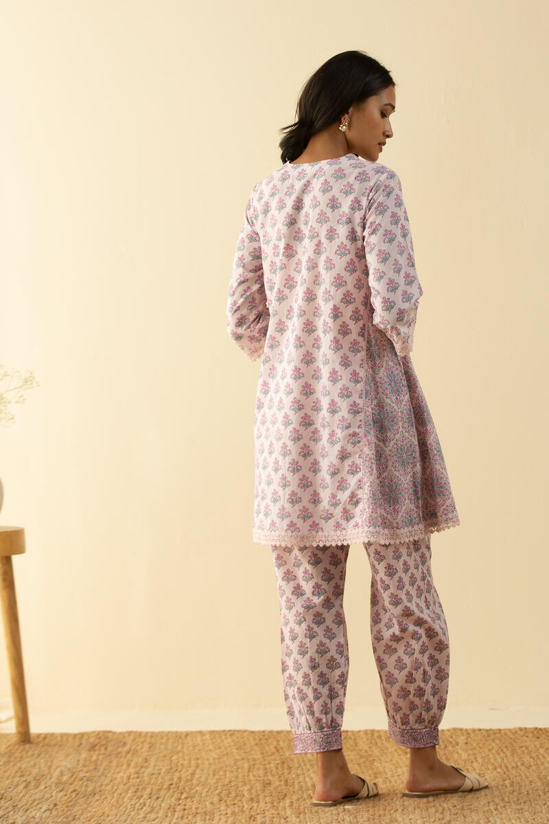 Purple Block Printed A-Line Short Kurta