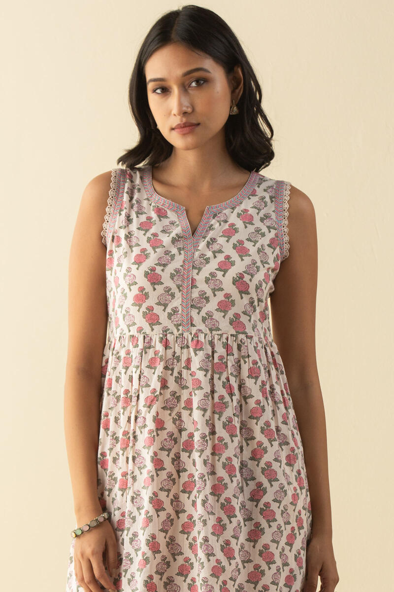 Off-White Block Printed A-Line Short Kurta