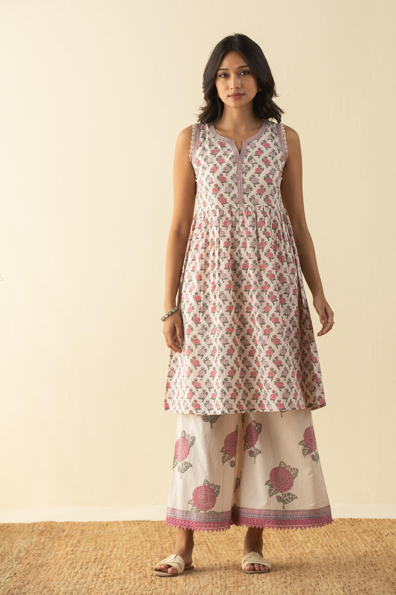 Off-White Block Printed A-Line Short Kurta