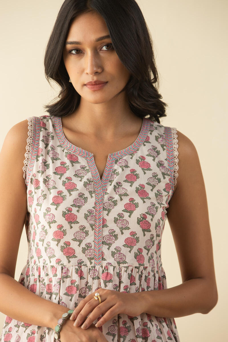 Off-White Block Printed A-Line Short Kurta