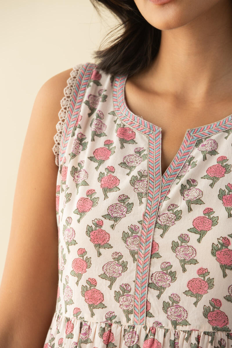 Off-White Block Printed A-Line Short Kurta