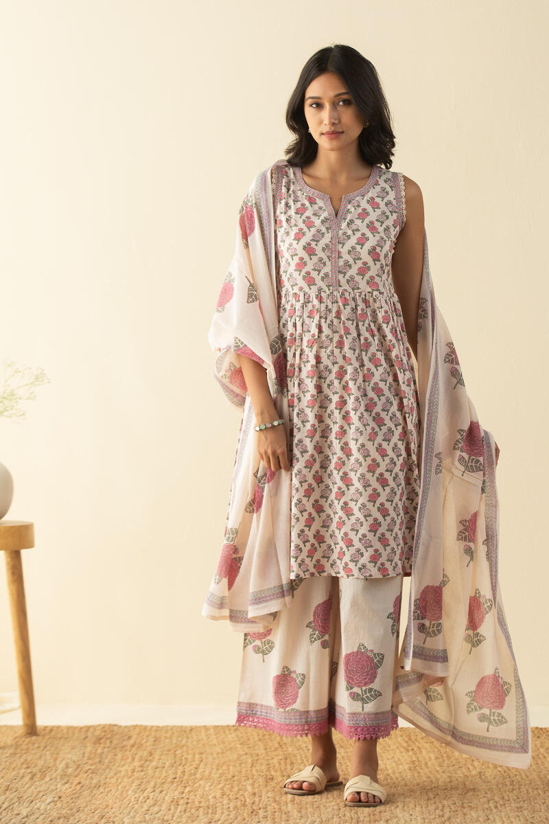 Off-White Block Printed A-Line Short Kurta