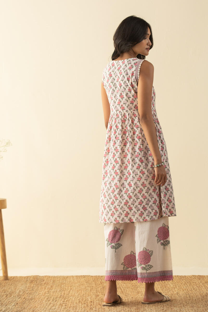 Off-White Block Printed A-Line Short Kurta