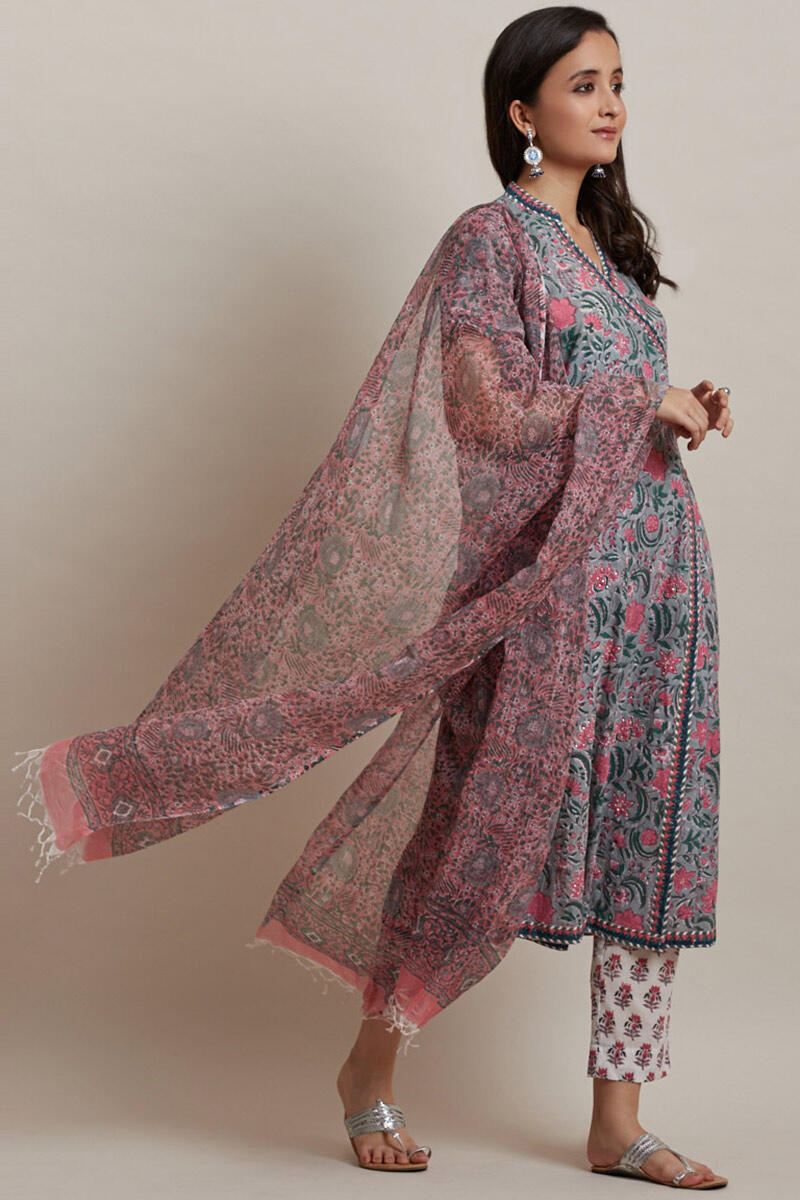 Pink Block Printed Kota Dupatta