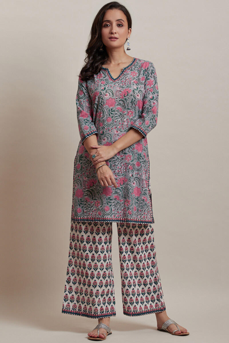 Grey Block Printed Short Cotton Kurta