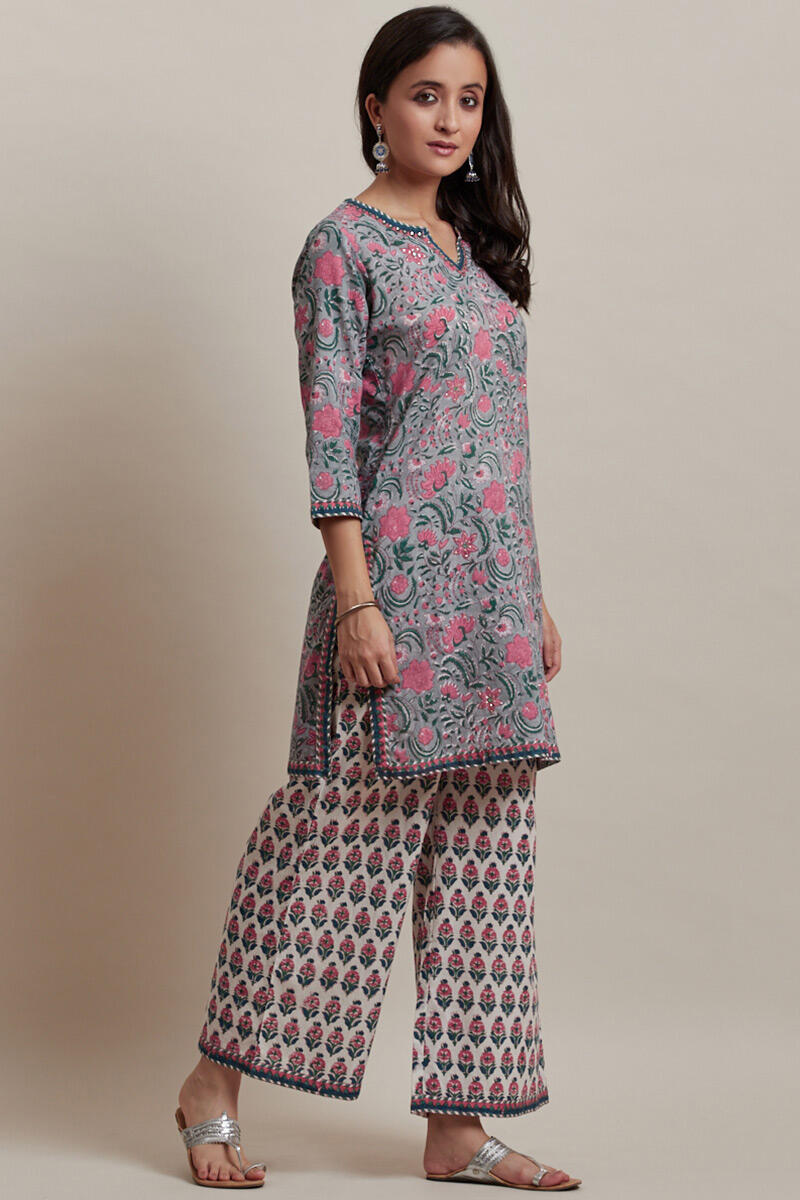 Grey Block Printed Short Cotton Kurta