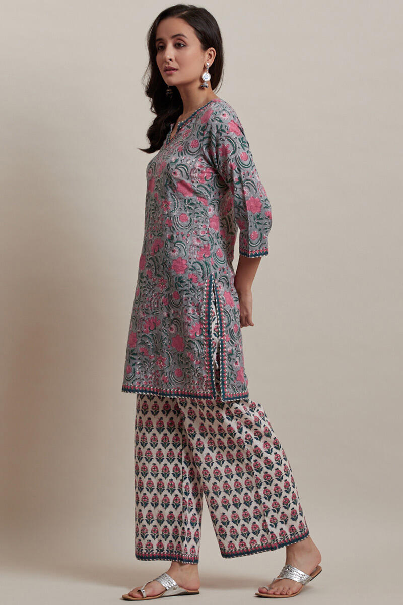 Grey Block Printed Short Cotton Kurta