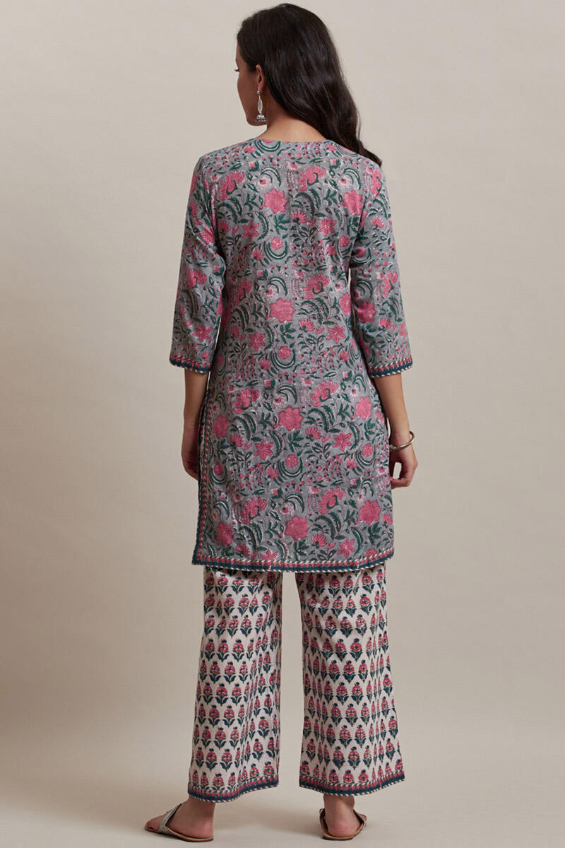 Grey Block Printed Short Cotton Kurta