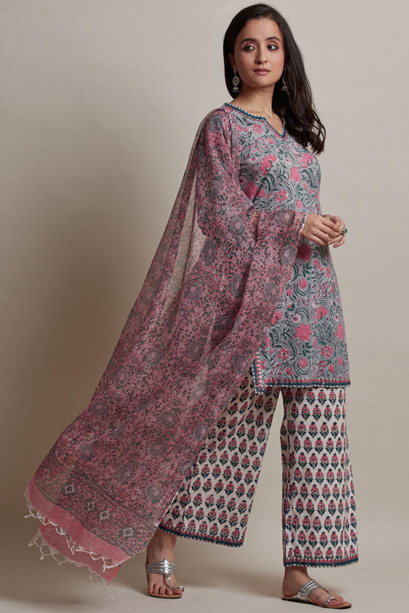 Grey Block Printed Short Cotton Kurta
