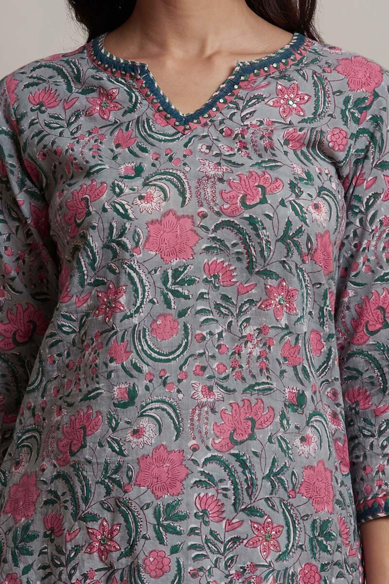 Grey Block Printed Short Cotton Kurta