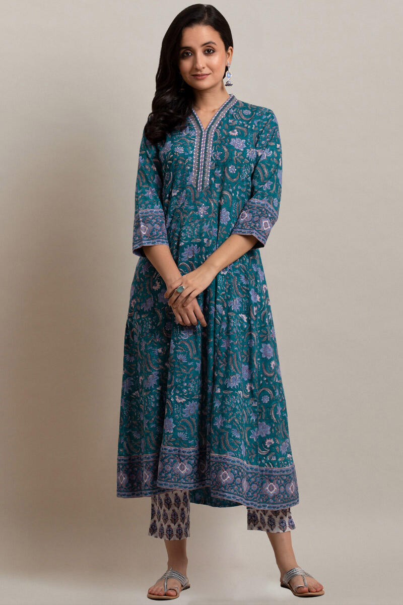 Blue Block Printed Anarkali Cotton Kurta