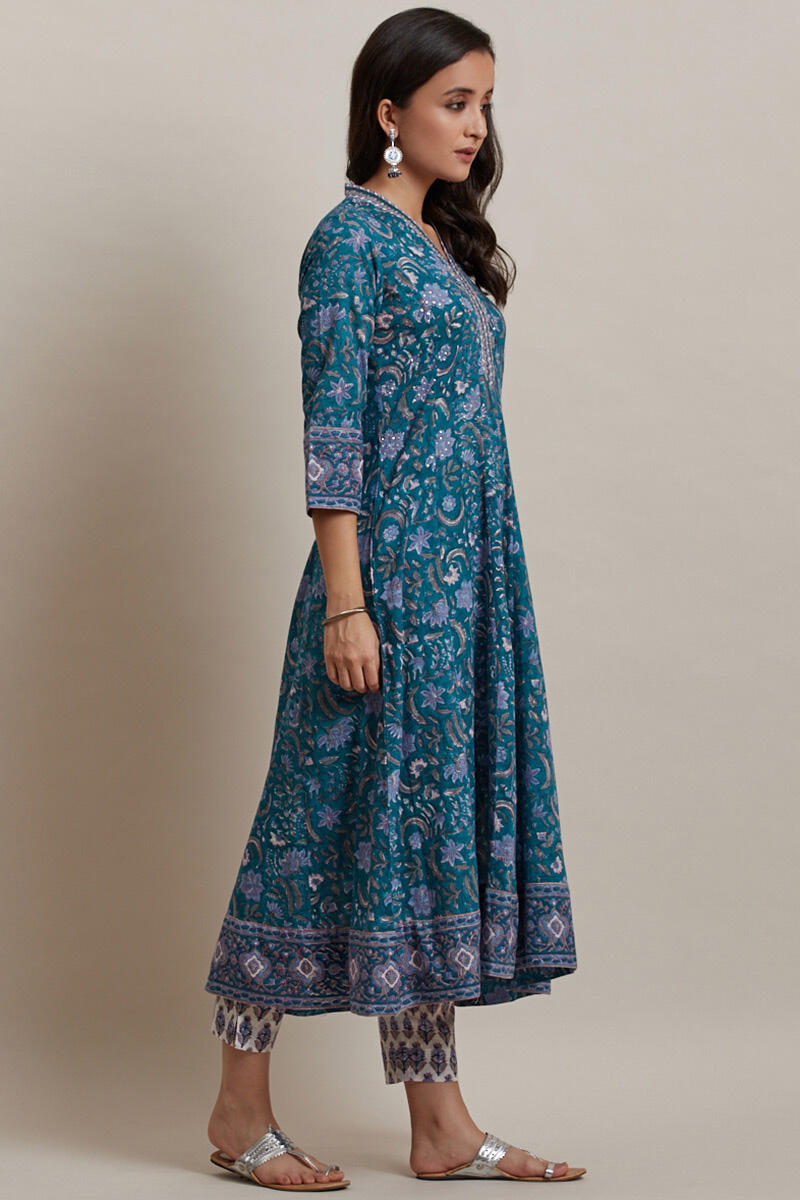 Blue Block Printed Anarkali Cotton Kurta
