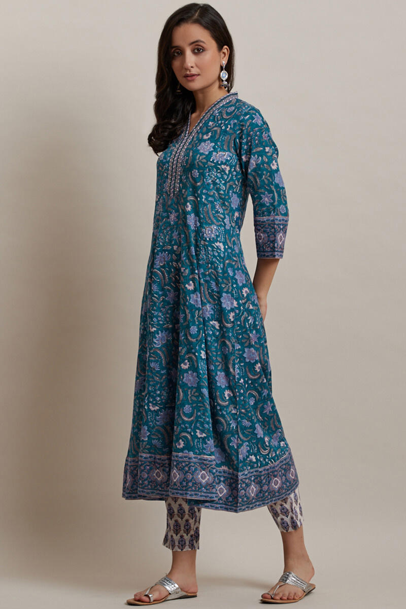 Blue Block Printed Anarkali Cotton Kurta